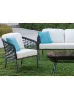 BALI set salotto in alluminio antracite e corda grigia e cuscini ecrù design per esterno o interno
