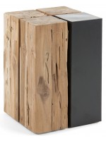 KWANGO table basse ou tabouret ou table de chevet en bois de teck et acier noir mat vieilli