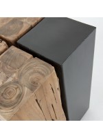 KWANGO coffee table or stool or bedside table in teak wood and antiqued matt black steel