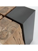 KWANGO table basse ou tabouret ou table de chevet en bois de teck et acier noir mat vieilli