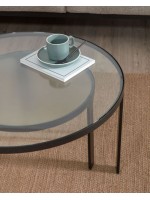 CLEGAR set di 2 tavolini con piano in vetro trasparente e serigrafato e struttura in metallo nero