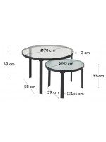 CLEGAR juego de 2 mesas de centro con tapa de cristal transparente y serigrafiado y estructura de metal negro