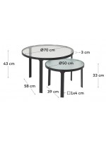 CLEGAR set de 2 tables basses avec plateau en verre transparent et sérigraphié et structure en métal noir