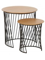 BANDUNG set di 2 tavolini con piani Ø50 e Ø35 in legno e base in metallo nero