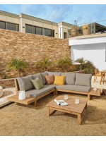 GOLDFINGER corner and coffee table with solid wood frame and fabric cushions for outdoor