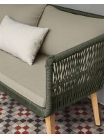 CARINGOLA set salotto struttura in alluminio corda in polietilene gambe legno e cuscini in tessuto per esterno