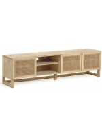 IVROSE Meuble TV 180 cm en bois massif et portes en rotin de style colonial rustique