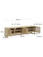 IVROSE mobile TV 180 cm in legno massello e ante in rattan stile rustico coloniale