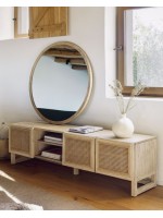 IVROSE Mueble TV 180 cm en madera maciza y puertas de ratán estilo colonial rústico