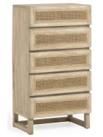 IVROSE cassettiera h 113 cm in legno massello e ante in rattan design rustico coloniale