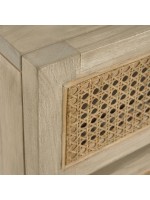 IVROSE cassettiera h 113 cm in legno massello e ante in rattan design rustico coloniale