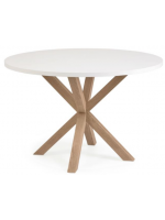 LIVREA table diam 120 cm plateau blanc et base en métal couleur bois design