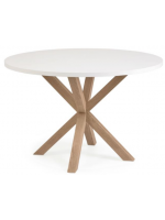 LIVREA Tischdurchmesser 120 cm weiße Platte und Metallbasis in Holzfarbe Design