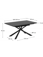 BARNABA Mesa 160 extensible 210 cm con tapa en vidrio y patas en metal pintado con muebles de diseño