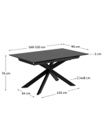 MILANO table 160 extensible 210 cm avec plateau en vitro et pieds en métal peint avec mobilier de designer