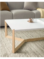 DOUX Table basse 120x60 en frêne et plateau laqué blanc