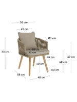 ESTER estructura de sillón en cuerda de aluminio en polietileno patas de madera y cojines en tela para exterior