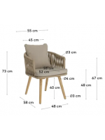 ESTER sedia poltrona struttura in alluminio corda in polietilene gambe legno e cuscini in tessuto per esterno