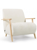 BRANNER fauteuil design moderne en tissu effet peau de mouton blanc ou gris et bois de frêne finition naturelle