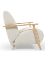 BRANNER modern design armchair in white or gray shearling effect fabric and natural finish ash wood