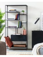 LAMA Bücherregal mit Regalen und einer Schublade aus schwarzem Metall im Industriedesign