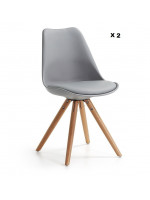Set di 2 sedie grigie in polipropilene seduta con cuscino in ecopelle stesso colore e gambe in legno di faggio