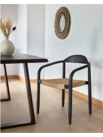 DAILA Chaise avec accoudoirs en corde beige et pieds en bois d'eucalyptus noir design jardin ou terrasse