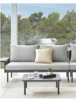 GIADA coin et table basse en aluminium noir et coussins en tissu gris pour terrasse jardin extérieur