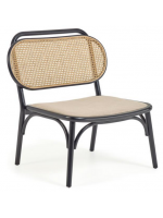 MORGAN armchair in solid black oak wood with rattan back and seat in water-repellent fabric