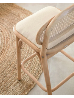 ANTIA sgabello seduta h 65 cm in legno massello di rovere schianale in rattan e seduta in tessuto idrorepellente