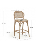 ANTIA Sitzhocker H 65 cm aus massivem Eichenholz mit Rattan-Rückenlehne und Sitzfläche aus wasserabweisendem Stoff