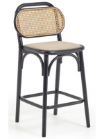 MORGAN tabouret d'assise h 65 cm en bois de chêne massif noir avec dossier en rotin et assise en tissu hydrofuge