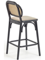 MORGAN tabouret d'assise h 65 cm en bois de chêne massif noir avec dossier en rotin et assise en tissu hydrofuge