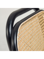 MORGAN sgabello seduta h 65 cm in legno massello di rovere nero schianale in rattan e seduta in tessuto idrorepellente