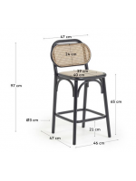 MORGAN tabouret d'assise h 65 cm en bois de chêne massif noir avec dossier en rotin et assise en tissu hydrofuge