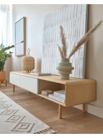 LENA Mueble de TV de 180 cm en madera maciza y con 2 puertas correderas en chapa de fresno