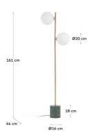 SKIFT Stehlampe aus goldfarbenem Metall und grünem Marmor und 2 satinierten Glaskugeln