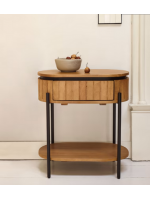 BASCO table de chevet avec tiroir et double étagère en bois massif effet lattes et métal noir design living house