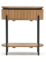 BASCO bedside table with drawer and double shelf in solid wood with slatted effect and black metal design living house