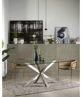 LUXOR fisso 160 o 180 o 200 cm piano in vetro cristallo e gambe in acciaio inox tavolo design