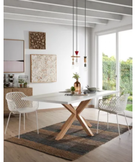 AVOCADRO Table fixe pieds acier couleur bois 160 ou 180 ou 200 cm et plateau mélaminé blanc