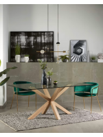 RIALTO 160 o 180 o 200 cm gambe in acciaio color legno e piano in vetro temperato tavolo fisso di design