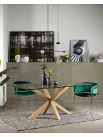 RIALTO Table fixe design 160 ou 180 ou 200 cm pieds en bois coloré et plateau en verre trempé