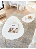 GECO set tavolini da salotto ovali gambe legno naturale e piano laccato bianco