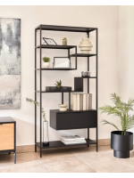 LAMA bookcase with shelves and a black metal industrial design drawer