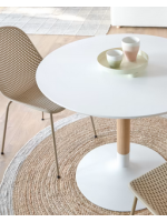 TAHITI Feststehender runder Tisch mit 90 cm Durchmesser in mattweißem Lack und Esche