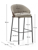 ALEXAR sgabello h seduta 77 cm impiallacciato frassino finitura wengé in tessuto marrone chiaro e struttura in metallo nero