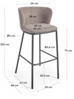 CECILY seat h 75 cm in chenille fabric and black metal structure design stool