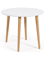 BOCK runder Durchmesser 90 ausziehbare Tischplatte aus weiß lackiertem Holz und Beine aus Buche natur