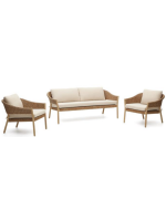 BAGAR Set of 2 armchairs and a sofa in rattan and solid wood and removable and water repellent cushions for outdoor